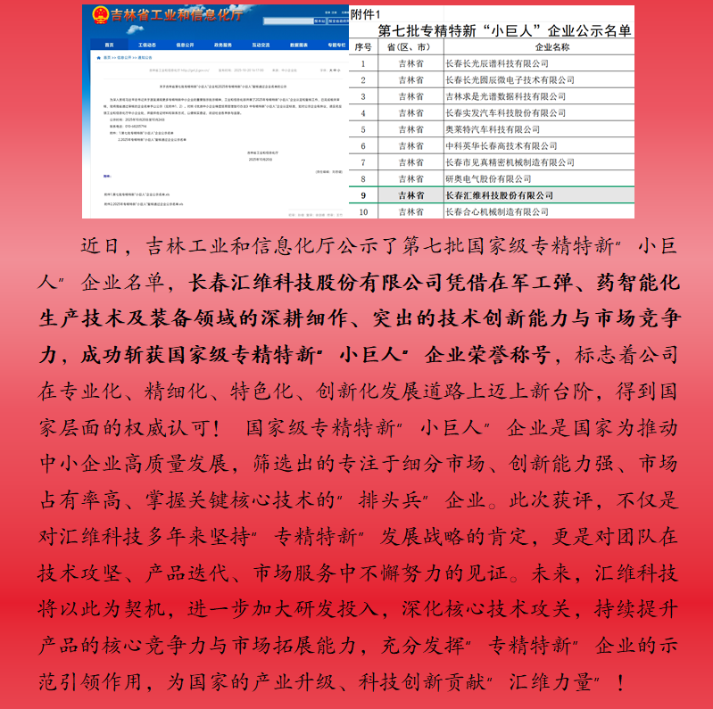 喜讯！热烈祝贺汇维科技荣获 国家级专精特新“小巨人”称号